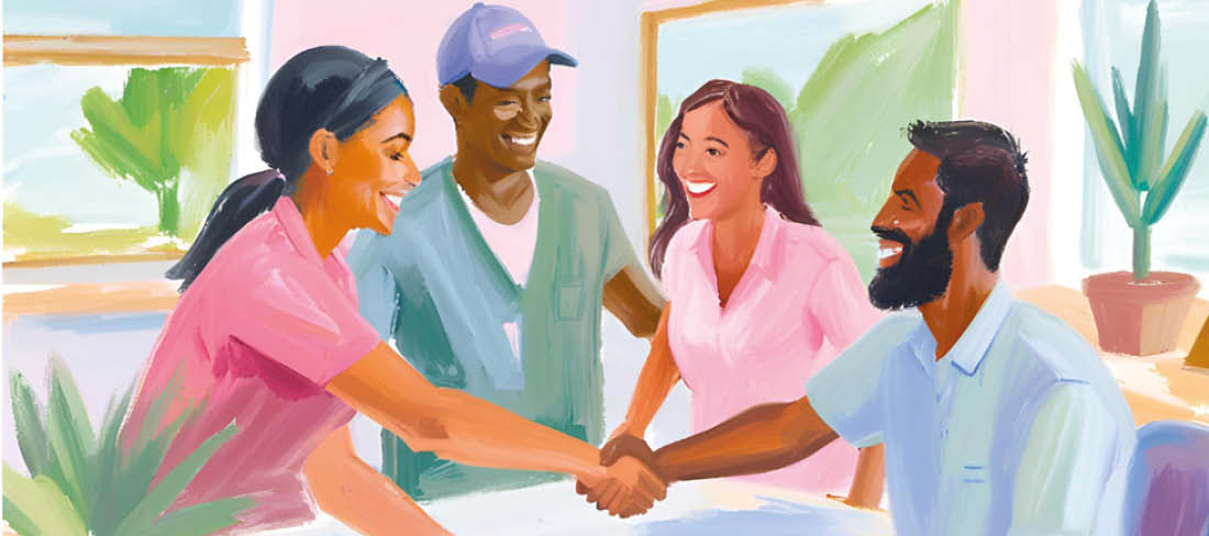 Grafik mit Personen aus dem Gesundheitsbereich, die alle die Hände aufeinander legen