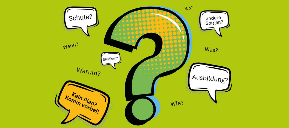 großes Fragezeichen mit Sprechblasen. In den Blasen steht Schule? Warum? Wann? Kein Platz? Komm vorbei! Andere Sorgen? Wo? Was? Wie? Ausbild? 
