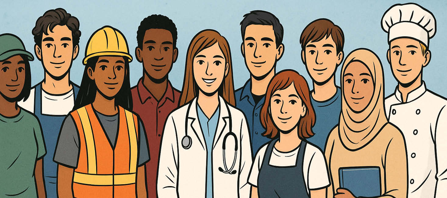 Bild erstellt mit KI. 10 Personen in unterschiedlicher Berufskleidung.